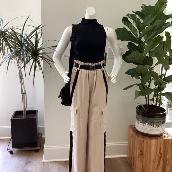 NWT MISSGUIDED TALL SIDE STRIPE TAN & BLACK WIDE LEG CARGO PANTS TROUSERS EU 38 - Picture 15 of 16